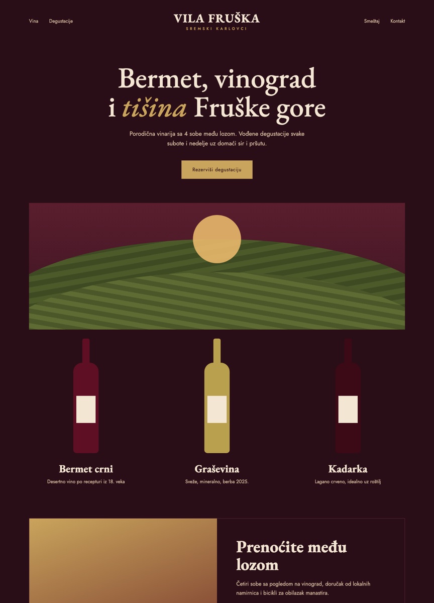 Landing stranica vinarije Vila Fruška iz Sremskih Karlovaca